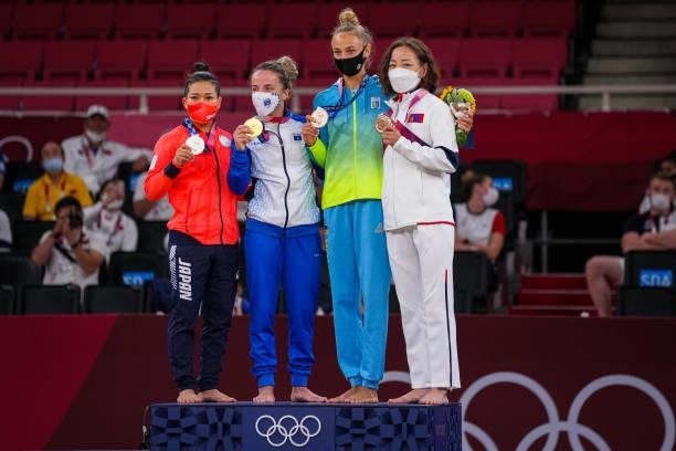 Funa Tonaki of Japan winner of silver medal, Distria Krasniqi of Kosovo winner of gold medal, Daria Bilodid of Ukraine winner of bronze medal and...
