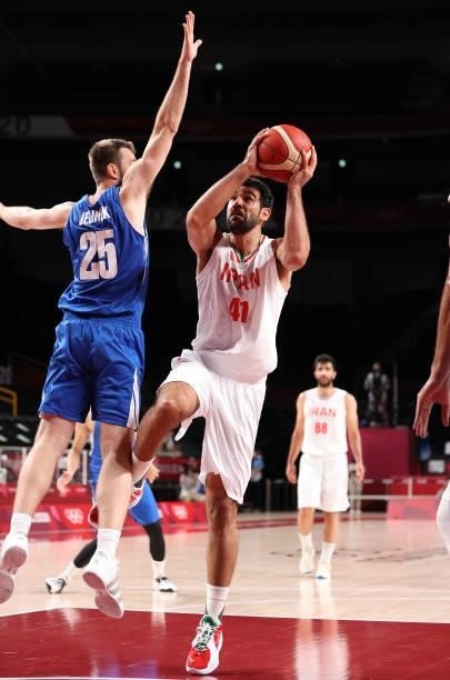 Arsalan Kazemi of Team Iran goes up for a shot against Czech Republic during the first half on day two of the Tokyo 2020 Olympic Games at Saitama...