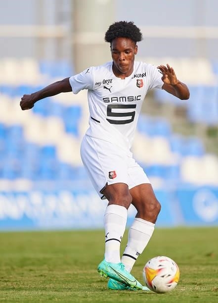 Mathys Tel of Stade Rennais in action during a Pre-Season friendly match between Levante UD and Stade Rennais at Pinatar Arena on July 24, 2021 in...