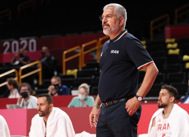 Head coach Mehran Shahintab of Team Iran looks on against Czech Republic during the first half on day two of the Tokyo 2020 Olympic Games at Saitama...
