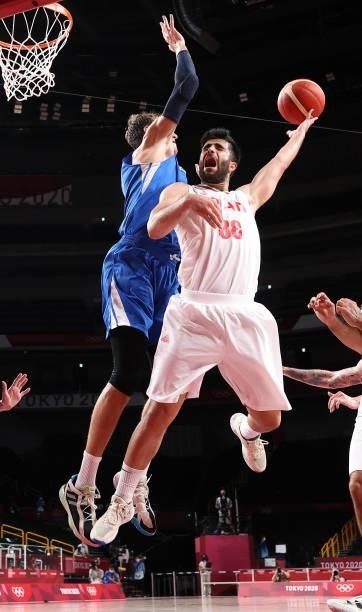 Behnam Yakhchalidehkordi of Team Iran goes up for a shot against Jan Vesely of Team Czech Republic during the first half on day two of the Tokyo 2020...