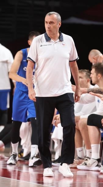 Head coach Ronen Ginzburg of Team Czech Republic looks on against Islamic Republic of Iran during the first half on day two of the Tokyo 2020 Olympic...