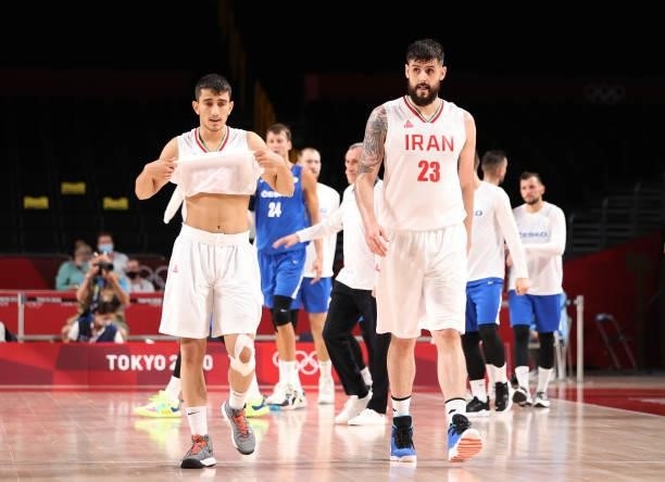 Mohammadsina Vahedi and Aaron Geramipoor of Team Iran walk back to the bench against Czech Republic during the first half on day two of the Tokyo...