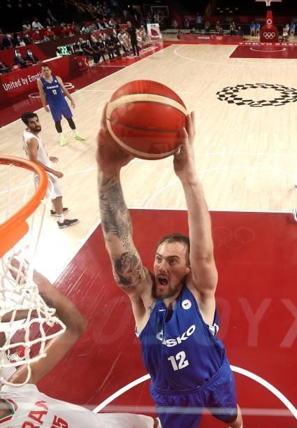 Ondrej Balvin of Team Czech Republic goes up for a shot against Hamed Haddadi of Team Iran during the first half on day two of the Tokyo 2020 Olympic...