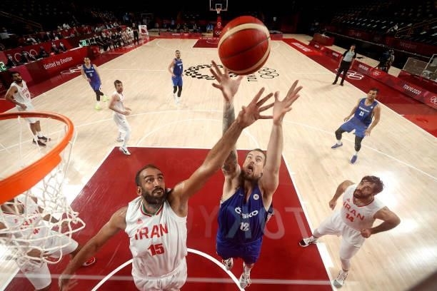 Ondrej Balvin of Team Czech Republic goes up for a rebound against Hamed Haddadi of Team Iran during the first half on day two of the Tokyo 2020...