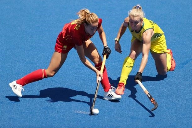 Maria Lopez Garcia of Team Spain and Stephanie Anna Kershaw of Team Australia compete for the ball during the Women's Pool B match on day two of the...
