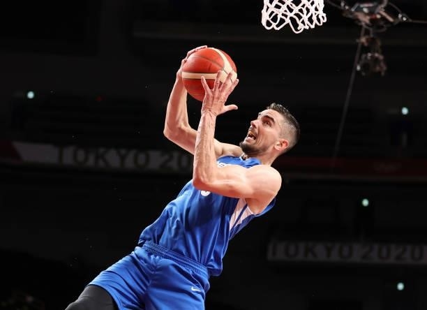 Tomas Satoransky of Team Czech Republic pulls down a rebound against Islamic Republic of Iran during the second half on day two of the Tokyo 2020...