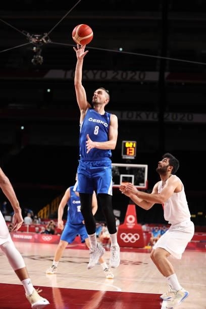 Tomas Satoransky of Team Czech Republic shoots against Islamic Republic of Iran during the second half on day two of the Tokyo 2020 Olympic Games at...