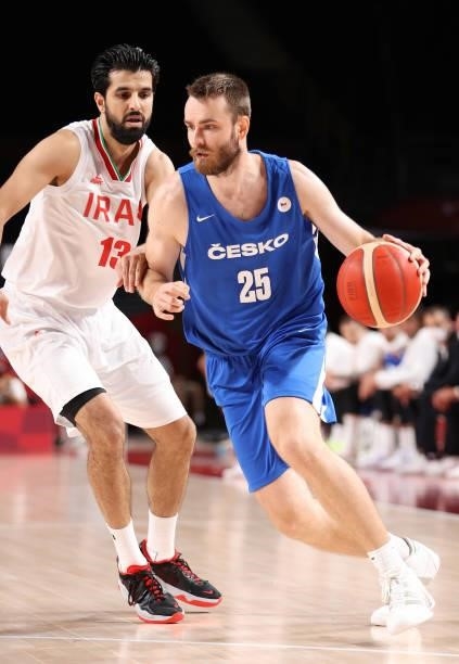 David Jelinek of Czech Republic drives to the basket against Mohammad Jamshidijafarabadi of Team Iran during the second half on day two of the Tokyo...