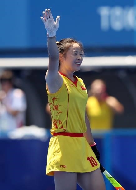Yang Peng of Team China celebrates the first goal for Team China during the Women's Pool B Match against Team Japan on day two of the Tokyo 2020...