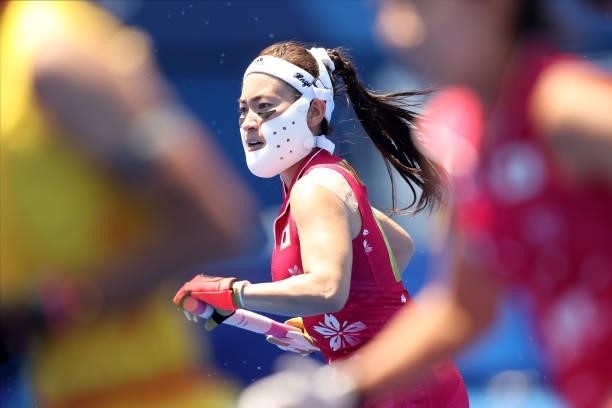 Hazuki Nagai of Team Japan runs upfield during the Women's Pool B Match against Team China on day two of the Tokyo 2020 Olympic Games at Oi Hockey...