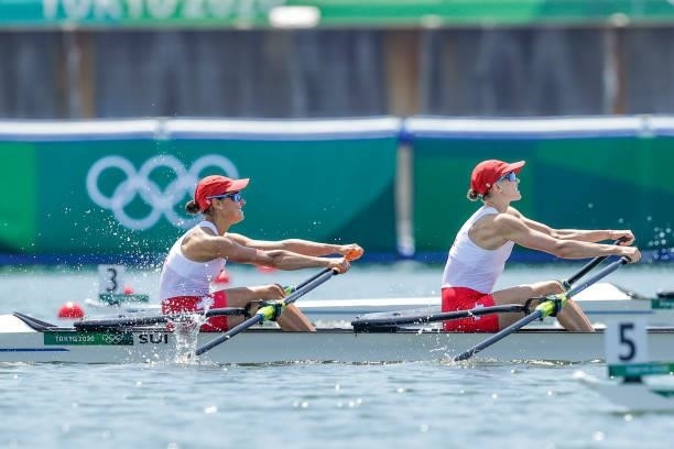 Patricia Merz of Switserland and Frederique Rol of Switserland compete on Lightweight Women's Double Sculls Repechage 2 during the Tokyo 2020 Olympic...