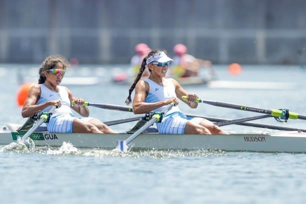 Yulisa Lopez and Jennieffer Zuniga of Guatemale compete on Lightweight Women's Double Sculls Repechage 2 during the Tokyo 2020 Olympic Games at the...