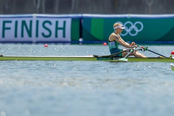 Sanita Puspure of Ireland competes on Women's Single Sculls Quarterfinal 1 during the Tokyo 2020 Olympic Games at the Sea Forest Waterway on July 25,...