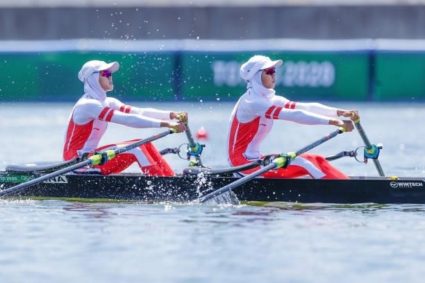Melani Putri of Indonesia and Mutiara Putri of Indonesia compete on Lightweight Women's Double Sculls Repechage 1 during the Tokyo 2020 Olympic Games...