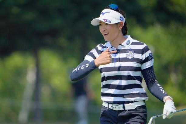 Erika Hara of Japan reacts after her second shot on the 7th hole during the final round of Daito Kentaku eHeyanet Ladies at Takino Country Club on...