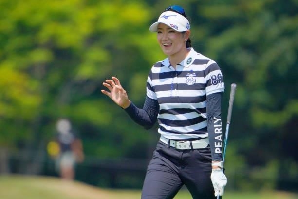 Erika Hara of Japan reacts after her second shot on the 7th hole during the final round of Daito Kentaku eHeyanet Ladies at Takino Country Club on...