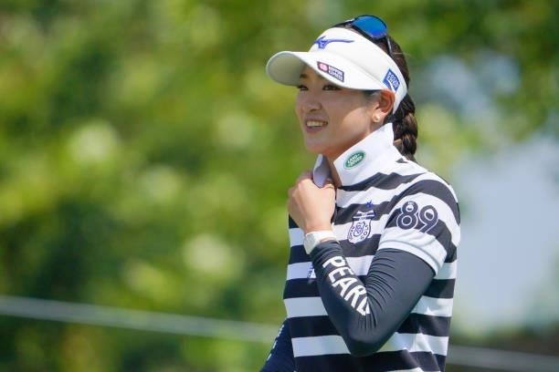 Erika Hara of Japan smiles after the birdie on the 7th green during the final round of Daito Kentaku eHeyanet Ladies at Takino Country Club on July...