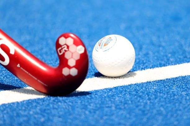 Detailed view of the ball on the field during the Women's Pool B match between Team Argentina and Team New Zealand on day two of the Tokyo 2020...