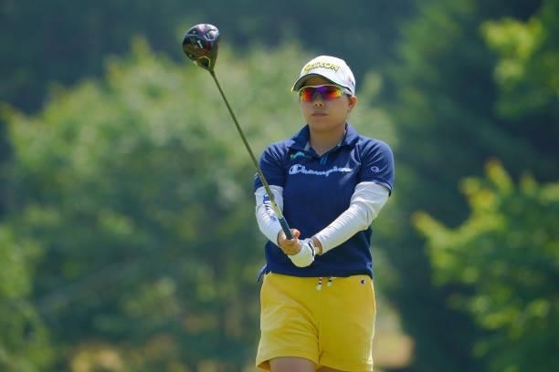 Minami Katsu of Japan is seen before her tee shot on the 8th hole during the final round of Daito Kentaku eHeyanet Ladies at Takino Country Club on...