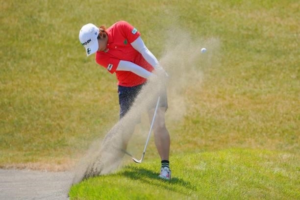 Mayu Hamada of Japan hits her second shot out of a bunker on the 8th hole during the final round of Daito Kentaku eHeyanet Ladies at Takino Country...