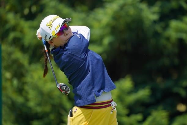 Minami Katsu of Japan hits her tee shot on the 9th hole during the final round of Daito Kentaku eHeyanet Ladies at Takino Country Club on July 25,...