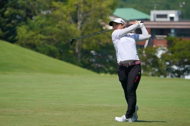 Mao Saigo of Japan hits her second shot on the 10th hole during the final round of Daito Kentaku eHeyanet Ladies at Takino Country Club on July 25,...
