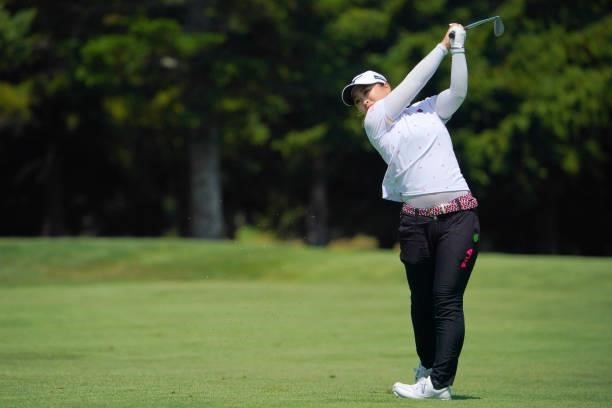 Mao Saigo of Japan hits her third shot on the 10th hole during the final round of Daito Kentaku eHeyanet Ladies at Takino Country Club on July 25,...