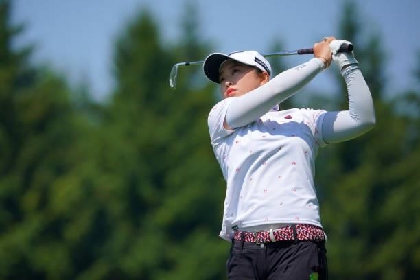 Mao Saigo of Japan hits her tee shot on the 11th hole during the final round of Daito Kentaku eHeyanet Ladies at Takino Country Club on July 25, 2021...