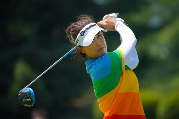 Mi-jeong Jeon of South Korea hits her tee shot on the 12th hole during the final round of Daito Kentaku eHeyanet Ladies at Takino Country Club on...