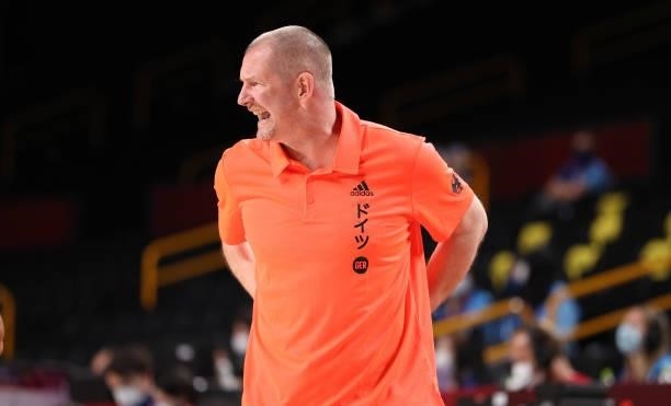 Head coach Henrik Rodl of Team Germany looks on against Italy during the first half on day two of the Tokyo 2020 Olympic Games at Saitama Super Arena...