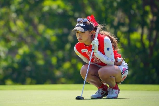 Reika Usui of Japan lines up a putt on the 17th green during the final round of Daito Kentaku eHeyanet Ladies at Takino Country Club on July 25, 2021...