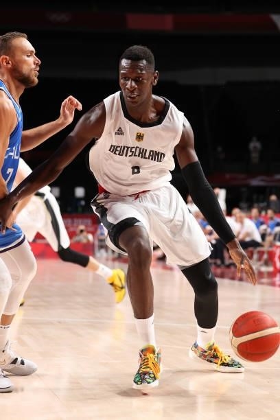 Isaac Bonga of Team Germany drives to the basket against Italy during the first half on day two of the Tokyo 2020 Olympic Games at Saitama Super...