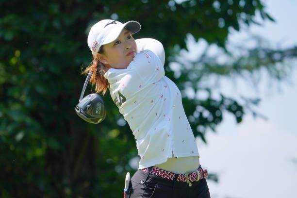 Mao Saigo of Japan hits her tee shot on the 16th hole during the final round of Daito Kentaku eHeyanet Ladies at Takino Country Club on July 25, 2021...