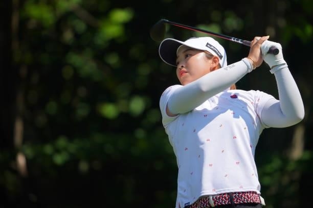 Mao Saigo of Japan hits her tee shot on the 17th hole during the final round of Daito Kentaku eHeyanet Ladies at Takino Country Club on July 25, 2021...