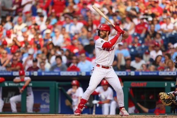Bryce Harper of the Philadelphia Phillies in action against the Atlanta Braves during a game at Citizens Bank Park on July 24, 2021 in Philadelphia,...
