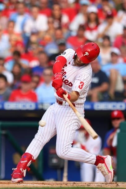 Bryce Harper of the Philadelphia Phillies hits a double against the Atlanta Braves during a game at Citizens Bank Park on July 24, 2021 in...