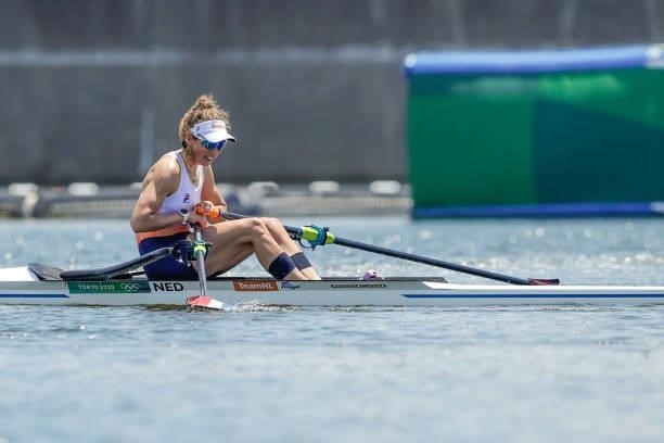 Sophie Souwer of the Netherlands competing on Women's Single Sculls Quarterfinal 3 during the Tokyo 2020 Olympic Games at the Sea Forest Waterway on...