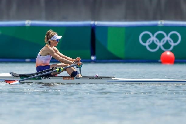 Sophie Souwer of the Netherlands competing on Women's Single Sculls Quarterfinal 3 during the Tokyo 2020 Olympic Games at the Sea Forest Waterway on...