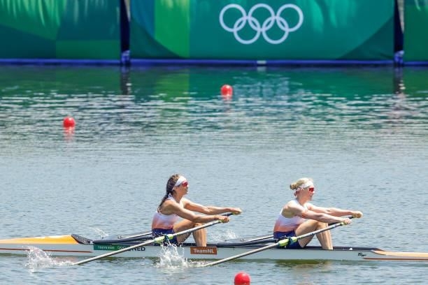 Roos de Jong and Lisa Scheenaard of the Netherlands competing on Women's Double Sculls Semifinal A/B 2 during the Tokyo 2020 Olympic Games at the Sea...
