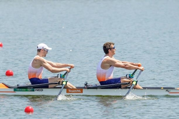 Melvin Twellaar and Stef Broenink of the Netherlands competing on Men's Double Sculls Semifinal A/B 2 during the Tokyo 2020 Olympic Games at the Sea...