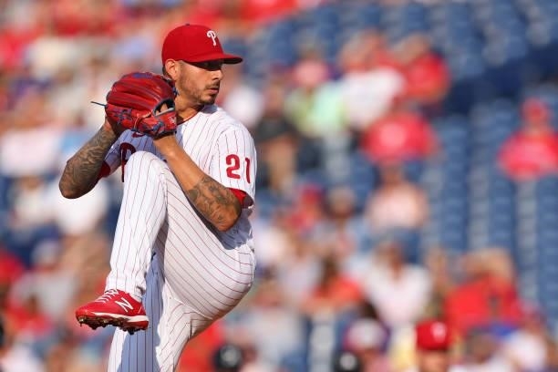 Vince Velasquez of the Philadelphia Phillies in action against the Atlanta Braves during a game at Citizens Bank Park on July 24, 2021 in...