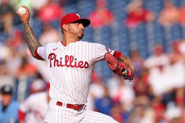 Vince Velasquez of the Philadelphia Phillies in action against the Atlanta Braves during a game at Citizens Bank Park on July 24, 2021 in...
