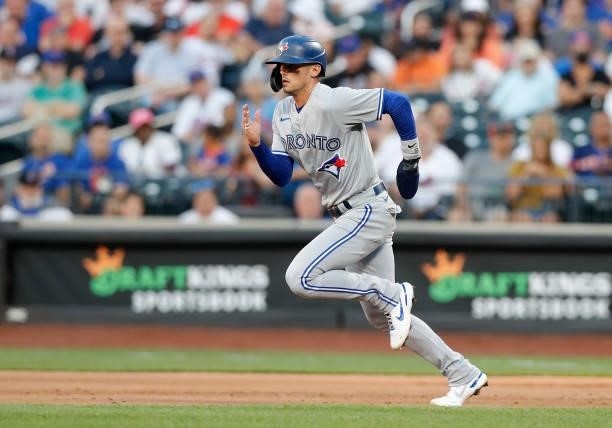 Cavan Biggio of the Toronto Blue Jays in action against the New York Mets at Citi Field on July 23, 2021 in New York City. The Mets defeated the Blue...