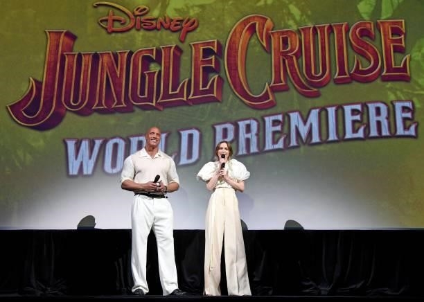 Dwayne Johnson and Emily Blunt speak onstage at the world premiere for JUNGLE CRUISE, held at Disneyland in Anaheim, California on July 24, 2021.