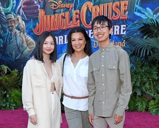 Michaela Zee, Ming-Na Wen, and Cooper Dominic Zee arrive at the world premiere for JUNGLE CRUISE, held at Disneyland in Anaheim, California on July...