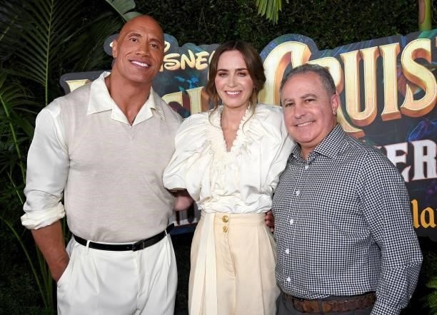 Dwayne Johnson, Emily Blunt, and Content Chairman at The Walt Disney Company Alan Bergman arrive at the world premiere for JUNGLE CRUISE, held at...