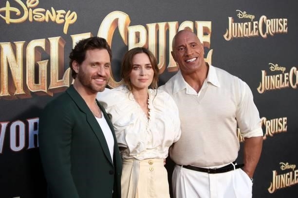 Édgar Ramírez, Emily Blunt, and Dwayne Johnson arrive at the world premiere for JUNGLE CRUISE, held at Disneyland in Anaheim, California on July 24,...