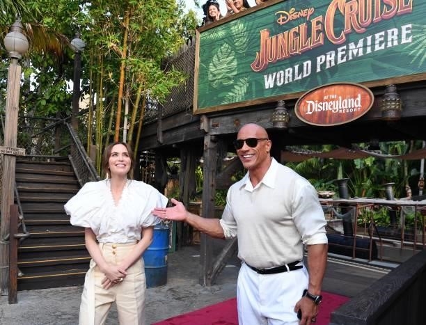 Emily Blunt and Dwayne Johnson arrive at the world premiere for JUNGLE CRUISE, held at Disneyland in Anaheim, California on July 24, 2021.