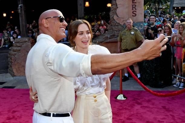 Dwayne Johnson and Emily Blunt arrive at the world premiere for JUNGLE CRUISE, held at Disneyland in Anaheim, California on July 24, 2021.